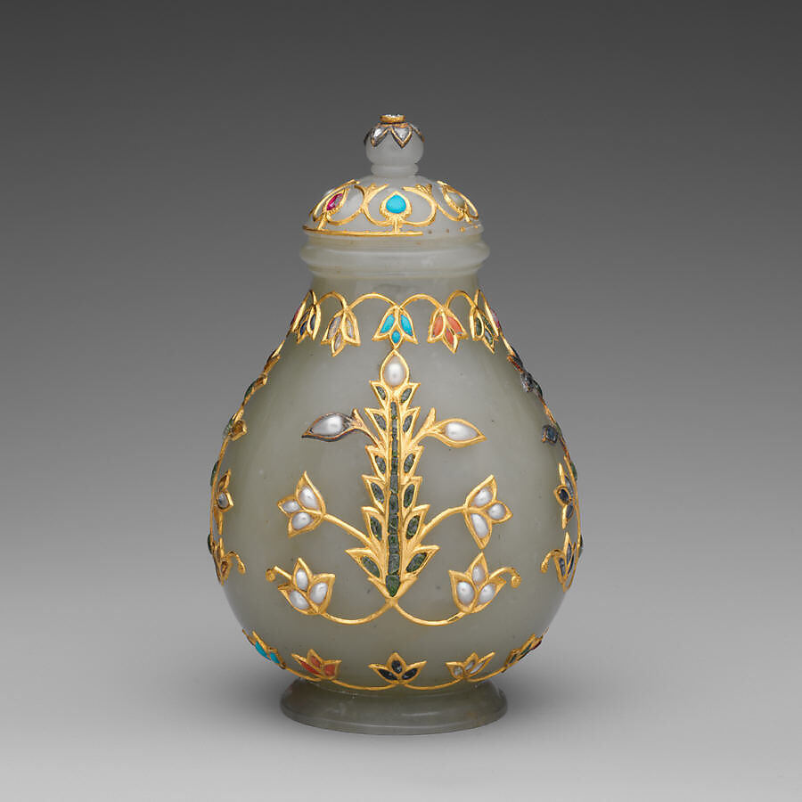 Jar with cover, Jade (nephrite) with gold and semiprecious stone inlays, India