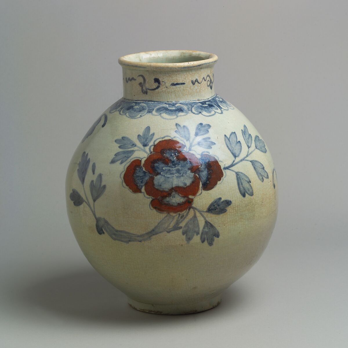 Large jar decorated with peonies, Porcelain with underglaze cobalt-blue and copper-red design, Korea