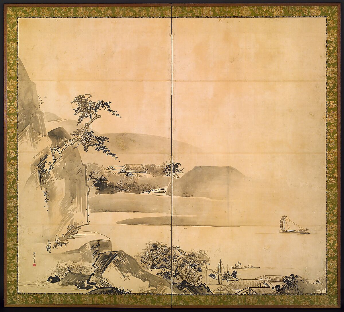 Landscape, Watanabe Shikō 渡辺始興, Two-panel folding screen; ink on paper, Japan
