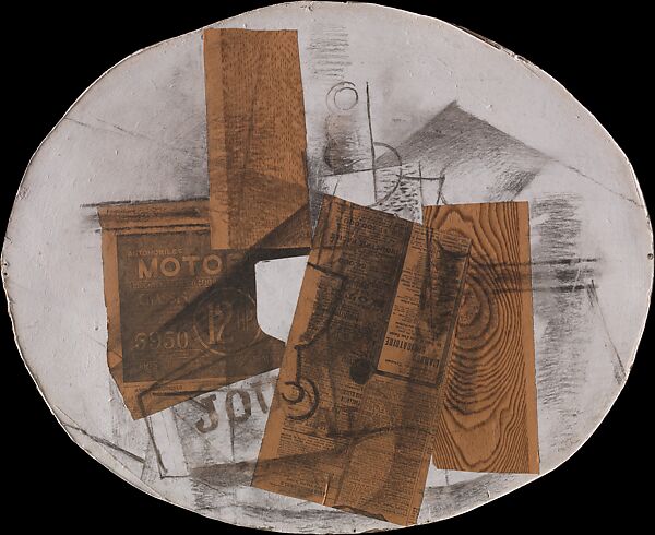 Bottle, Glass, and Newspaper, Georges Braque, Charcoal and cut-and-pasted newspaper and printed wallpaper on gessoed paperboard (commercial board from mirror backing)