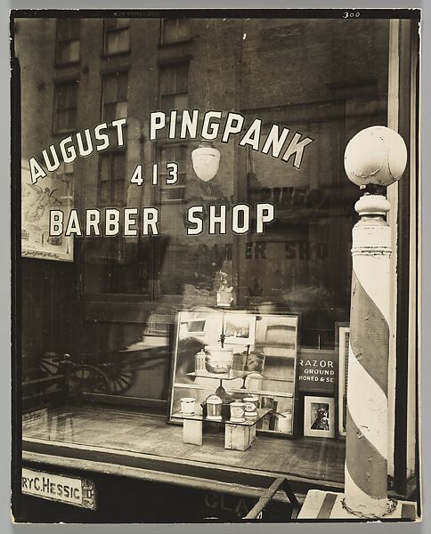 Pingpank Barbershop, 413 Bleecker Street, Manhattan, Berenice Abbott, Gelatin silver print