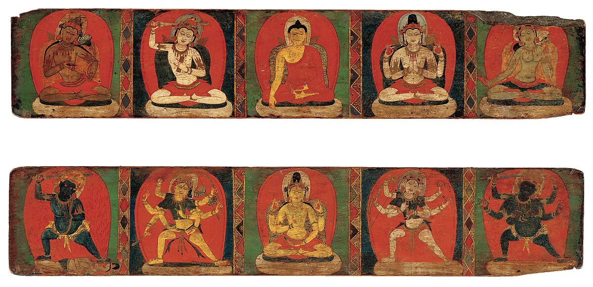 Pair of book covers with Buddhist deities, Distemper and gilt on wood, Tibet