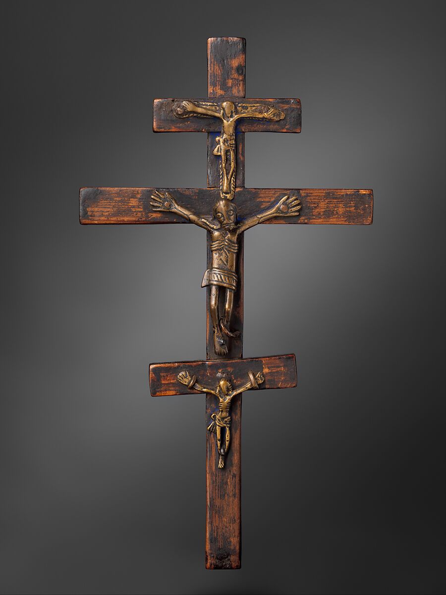 Triple Crucifix, Open-back cast brass (central figure), solid cast brass (top and bottom figures), forged iron nails, brass, copper, wood, ultramarine pigment, Kongo artist