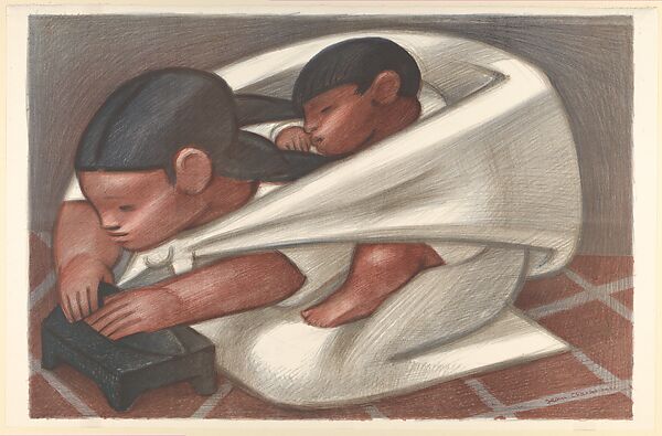 A woman making a tortilla while carrying a child on her back, Jean Charlot, Color lithograph on zinc