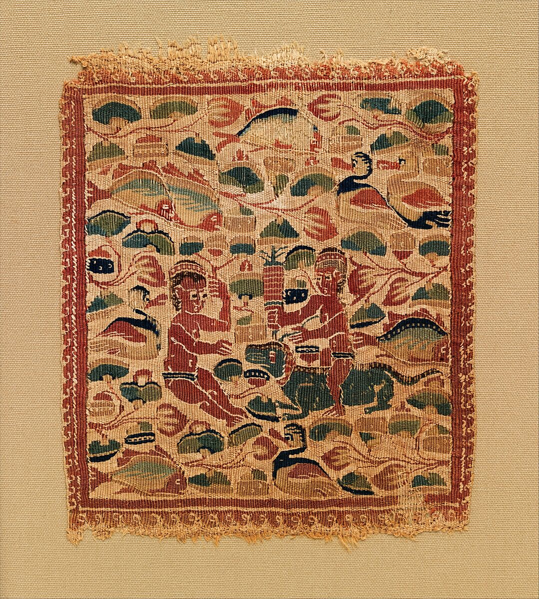 Square with Putti in a Nilotic Landscape, Linen, wool; plain weave, tapestry weave