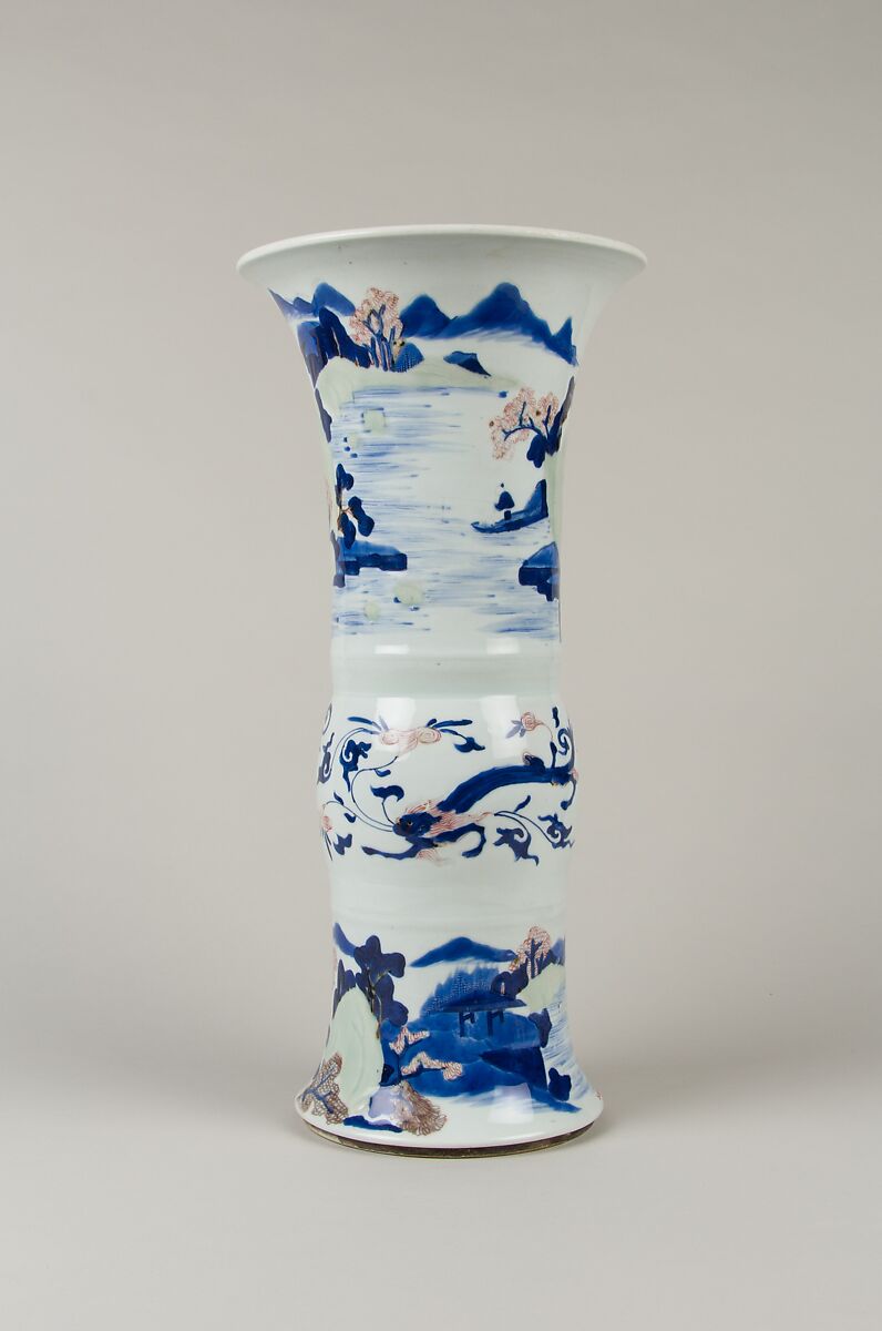 Vase with landscape scenes
, Porcelain painted in underglaze cobalt blue, copper red, and light green (Jingdezhen ware), China
