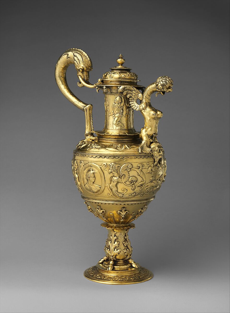 Ceremonial ewer, Silver, gilt; embossed, chased and engraved