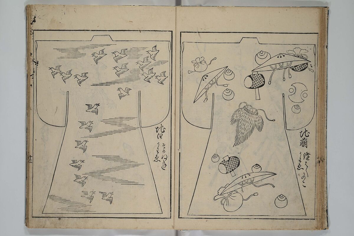 Contemporary Kimono Patterns (Tōsei hiinagata) 当世ひいな形, Hishikawa Moronobu 菱川師宣, First volume from a set of woodblock-printed books; ink on paper, Japan