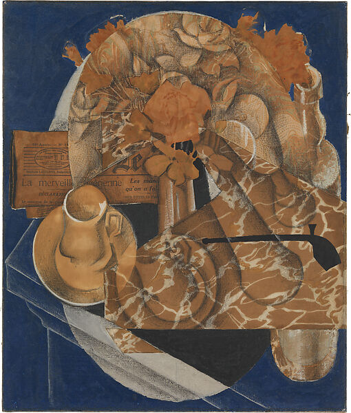 Flowers, Juan Gris, Conté crayon, gouache, oil, wax crayon, cut-and-pasted printed wallpapers, printed wove paper, newspaper, white laid and wove papers on canvas; subsequently mounted on a honeycomb panel