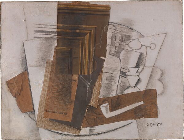 Bottle, Glass, and Pipe (Violette de Parme), Georges Braque, Cut-and-pasted newspaper, painted paper and wallpaper, charcoal, graphite, and gouache on paperboard