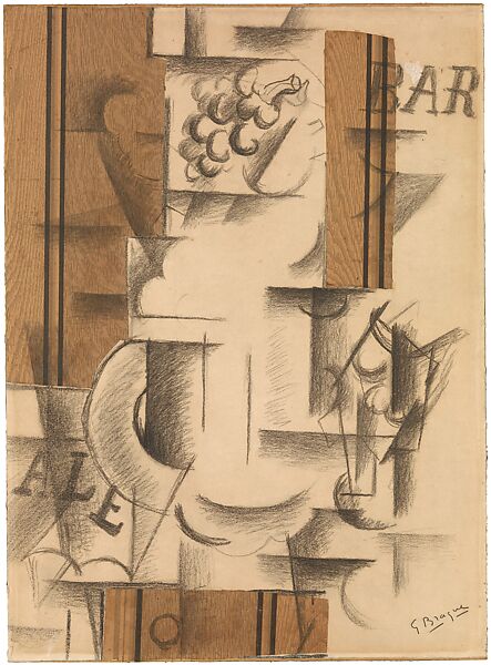 Fruit Dish and Glass, Georges Braque, Charcoal and cut-and-pasted printed wallpaper with gouache on white laid paper; subsequently mounted on paperboard