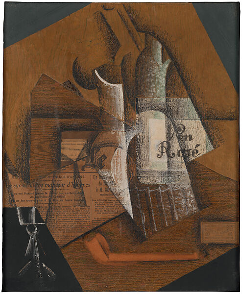 Bottle of Rosé Wine, Juan Gris, Cut-and-pasted printed wallpapers, laid and wove papers, printed packaging, conté crayon, gouache, oil, watercolor, newspaper, and wax crayon, selectively varnished, on newspaper mounted on canvas