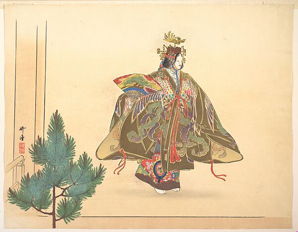 Noh Play Scene from the series Pictures of Noh Plays (Nōgaku zue), Tsukioka Kōgyo, Woodblock print; ink and color on paper, Japan