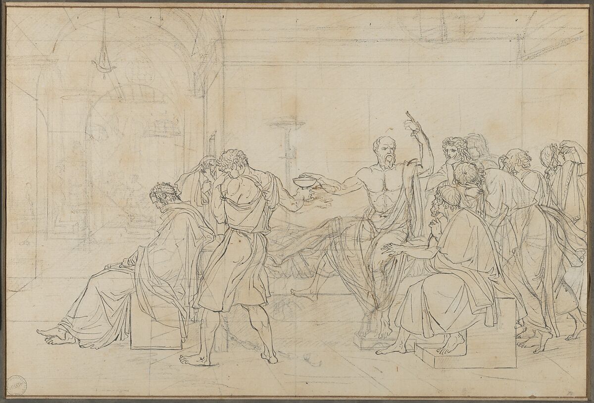 The Death of Socrates, Jacques Louis David, Pen and black ink, over black chalk, touches of pen and brown ink; squared in black chalk