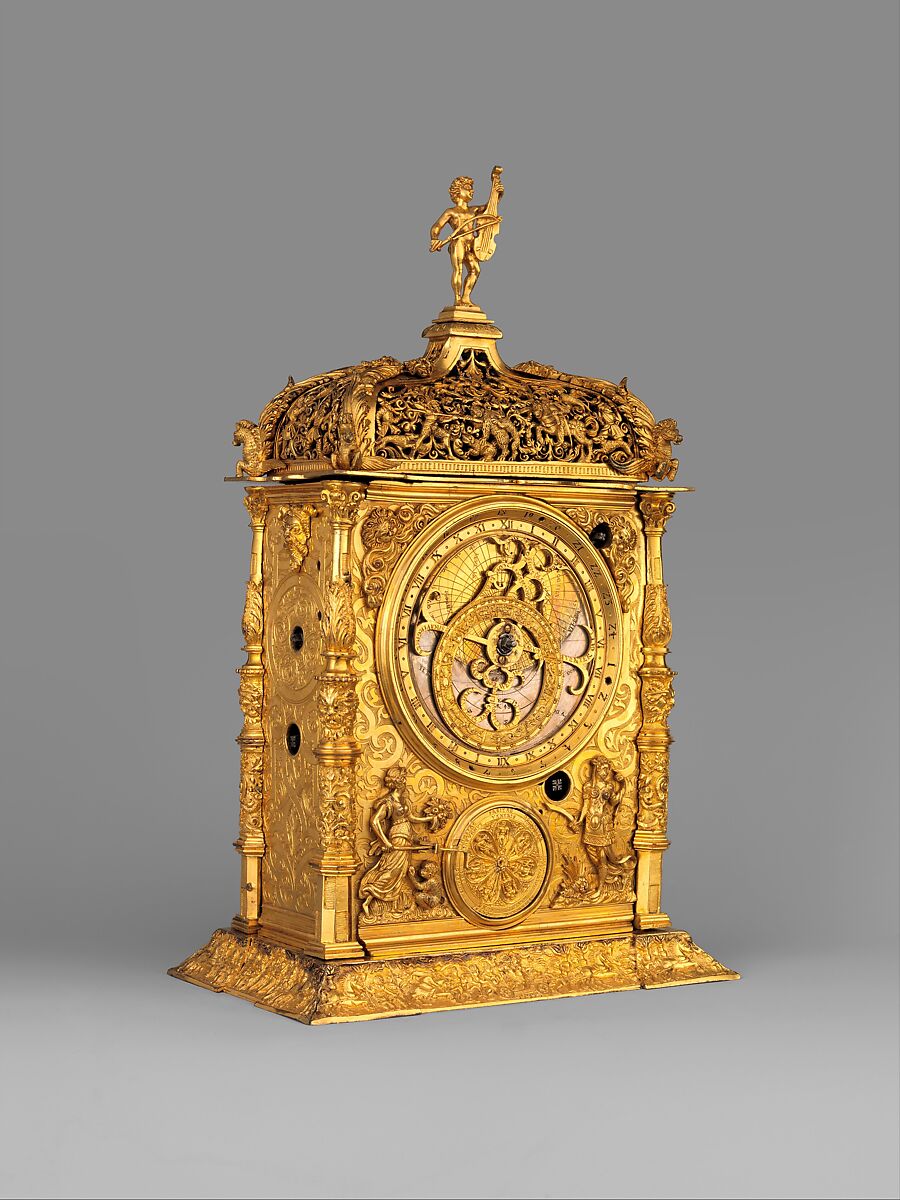 Astronomical table clock, Jeremias Metzger, Case and dials: gilded brass; Movement: iron
