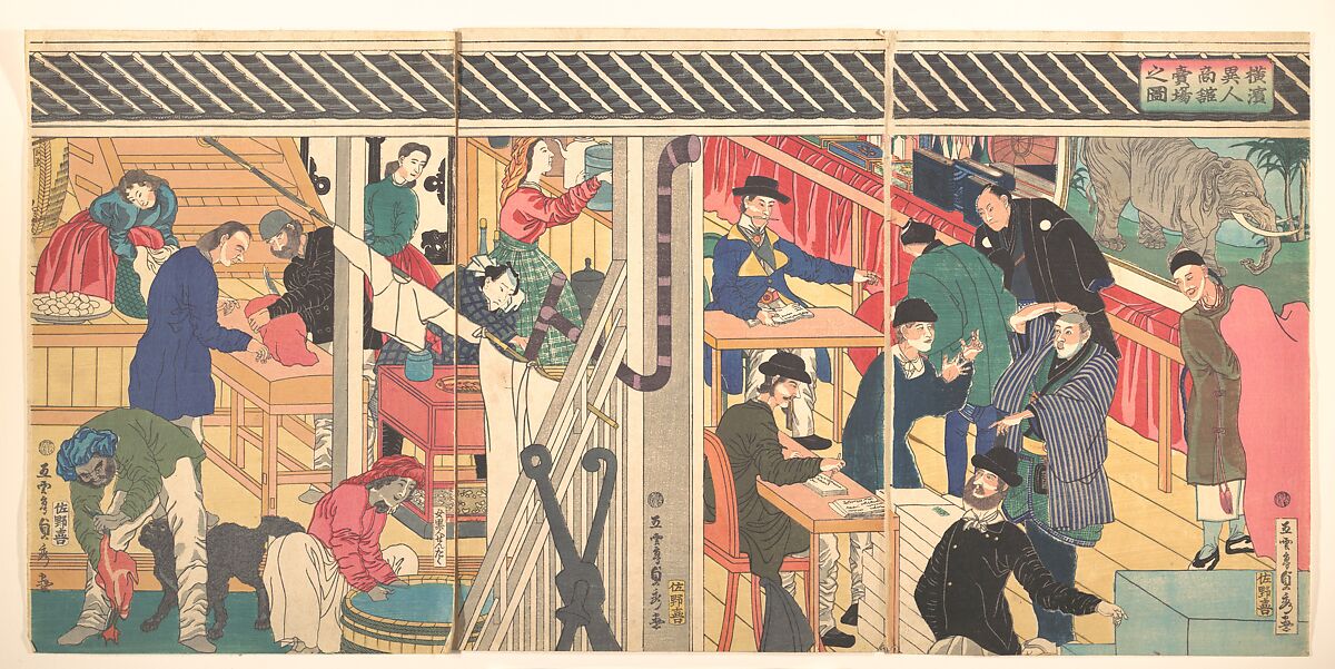 Foreign Business Establishment in Yokohama (Yokohama ijin shōkan uriba no zu), Utagawa (Gountei) Sadahide, Triptych of woodblock prints (nishiki-e); ink and color on paper, Japan