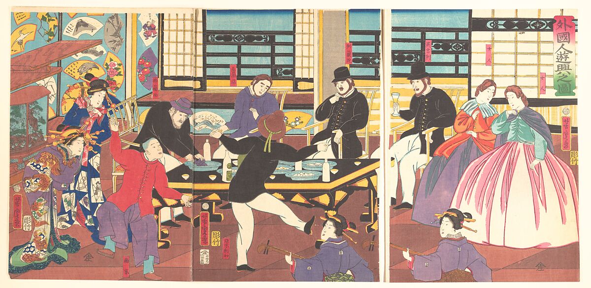 Foreigners Enjoying a Party (Gaikokujin yūkyō no zu), Utagawa Yoshitora, Woodblock print (nishiki-e); ink and color on paper, Japan