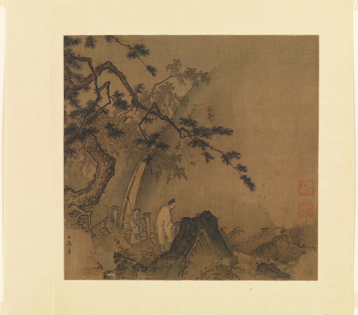 Scholar viewing a waterfall, Ma Yuan, Album leaf; ink and color on silk, China