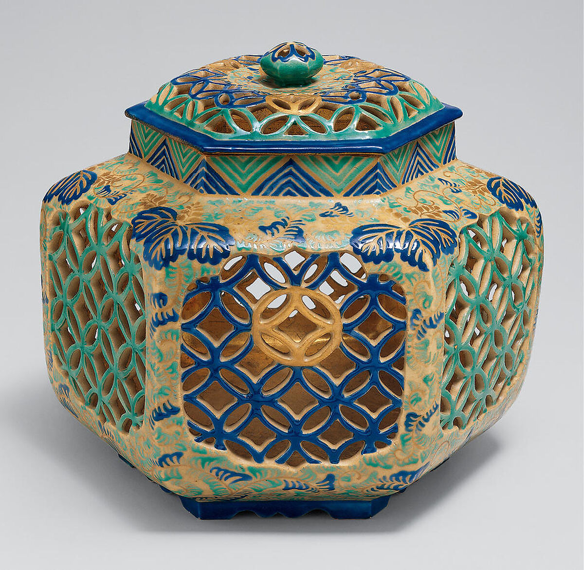 Hexagonal Jar (Rokkaku-tsubo) with Paulownia and Geometric Design, Stoneware with polychrome overglaze enamels and gold (Ko-Kiyomizu ware), Japan