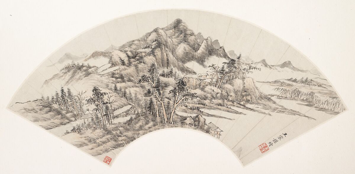 Landscape, Wang Chen, Folding fan mounted as an album leaf; ink and color on paper, China