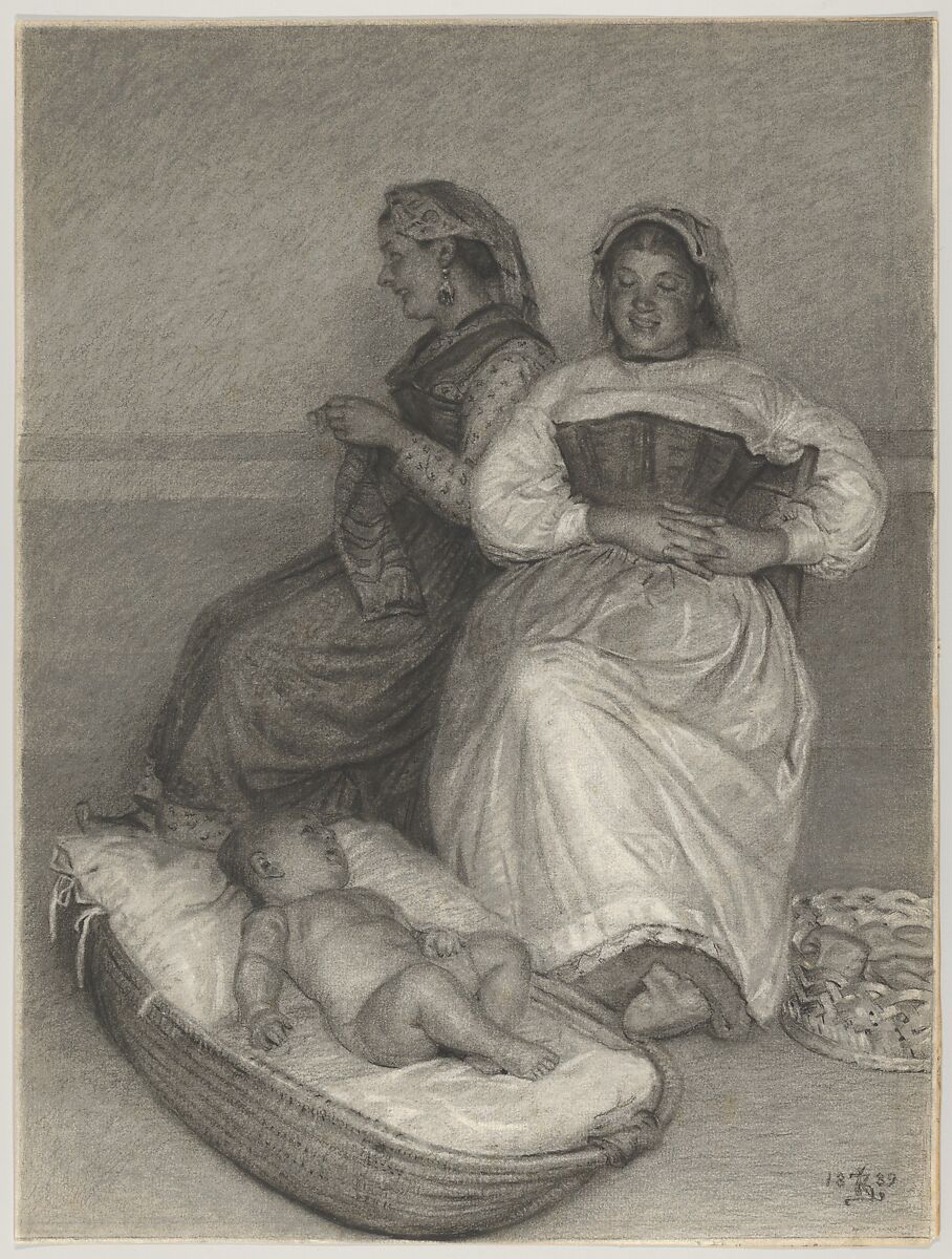 Two Seated Italian Women with a Baby in a Cradle, Kristian Zahrtmann, Charcoal; framing lines in charcoal (or graphite?), by the artist