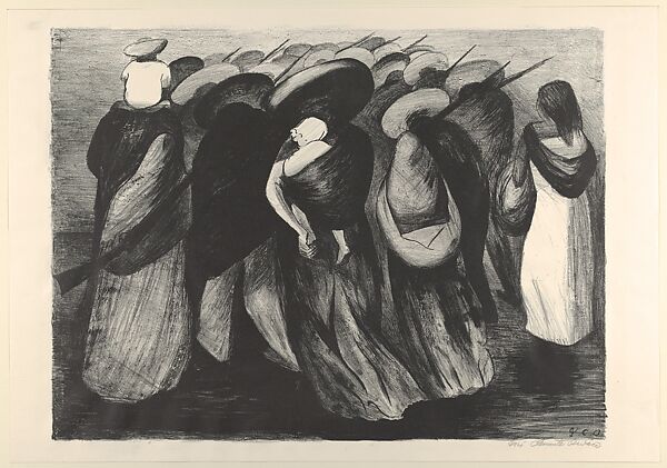 'Rear Guard' (or 'On the Road'): women carrying rifles and children, José Clemente Orozco, Lithograph
