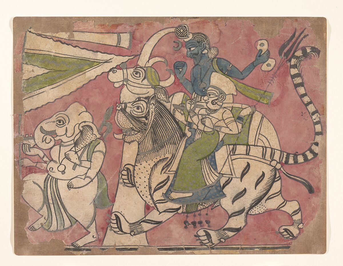 Ganesha Leads Shiva and Durga in Procession, Ink and opaque watercolor on paper, India, Western Rajasthan