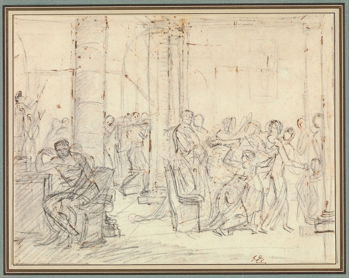 Study for The Lictors Bringing Brutus the Bodies of his Sons, Jacques Louis David, Black chalk and brown ink on paper