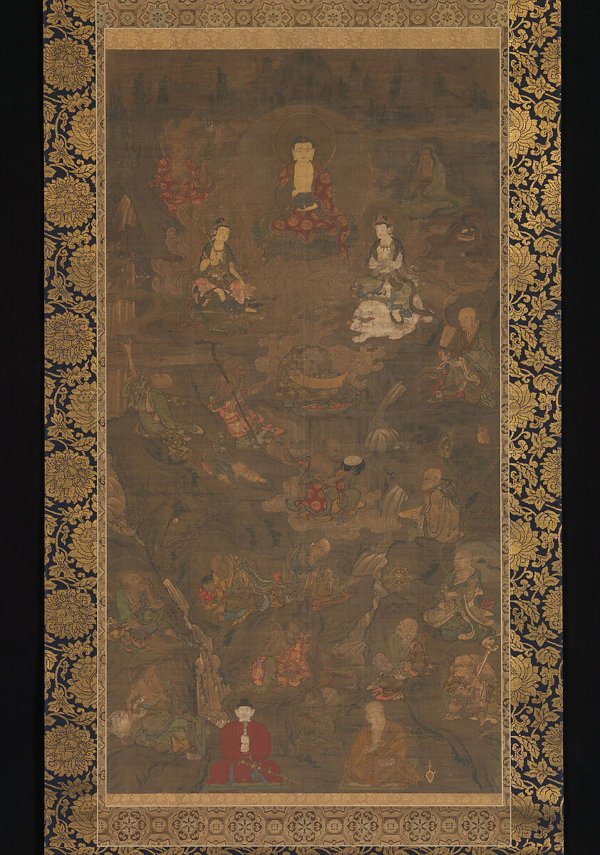 Shaka (Shakyamuni), the Historical Buddha, with Two Attendant Bodhisattvas and Sixteen Arhats, Hanging scroll; ink, color, and gold on silk, Japan