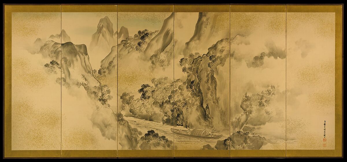 The Poet Li Bo's Visit to Mount Emei, Shiokawa Bunrin, Pair of six-panel folding screens; ink and gold on paper, Japan