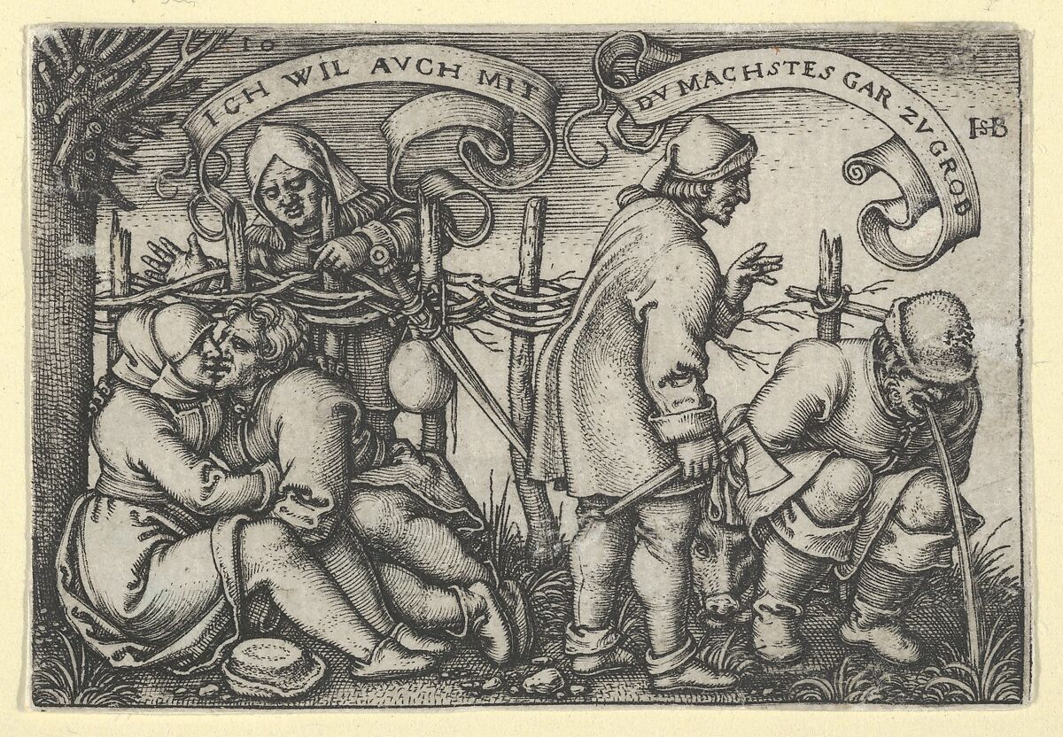 Peasants Behind the Hedge from "The Peasants' Feast" or "The Twelve Months", Sebald Beham, Engraving; second state of two (Pauli)