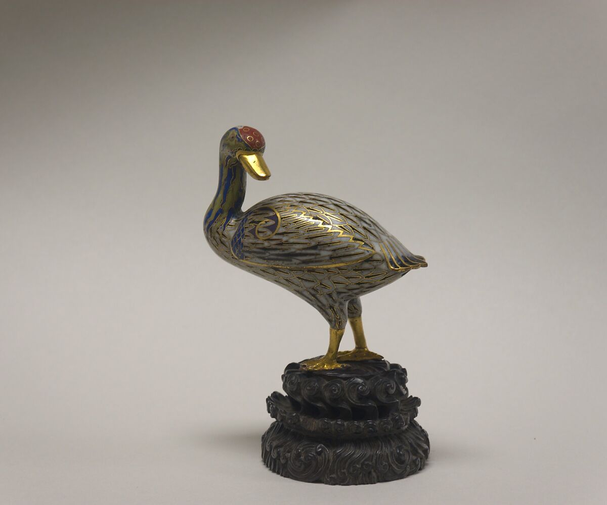 Duck, Cloisonné enamel, wooden stand, China