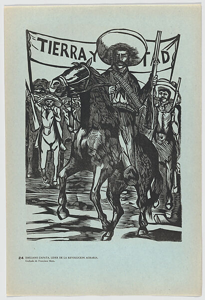 Plate 24: Emiliano Zapata, leader the revolution, on horseback, from the portfolio 'Estampas de la revolución Mexicana' (prints of the Mexican Revolution), Francisco Mora, Linocut