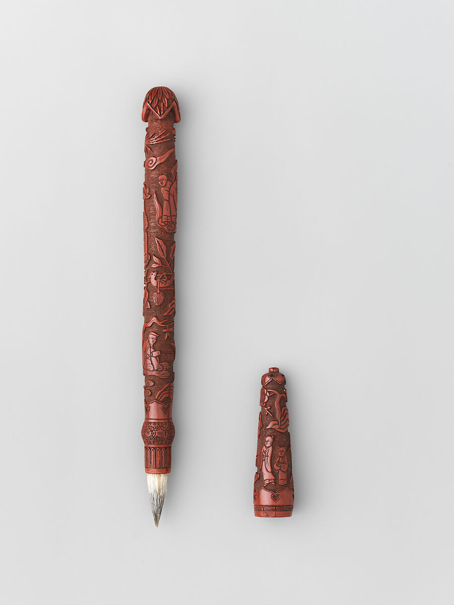 Writing brush and cover, Carved red lacquer, China