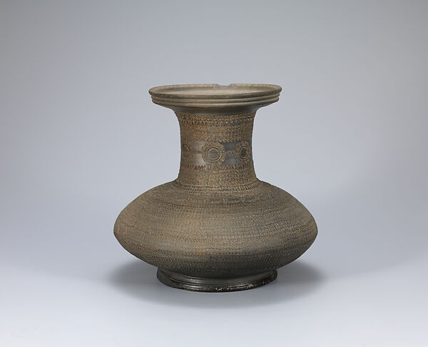 Long-necked jar with geometric decoration, Stoneware with stamped design and incidental ash glaze, Korea