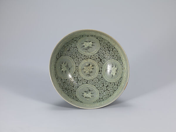 Bowl decorated with peonies, Stoneware with inlaid and reverse-inlaid design under celadon glaze, Korea