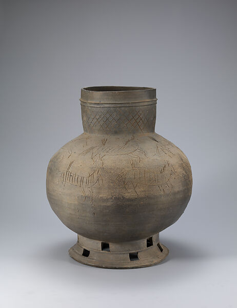 Long-necked jar with horse decoration, Stoneware with incised design and incidental ash glaze, Korea