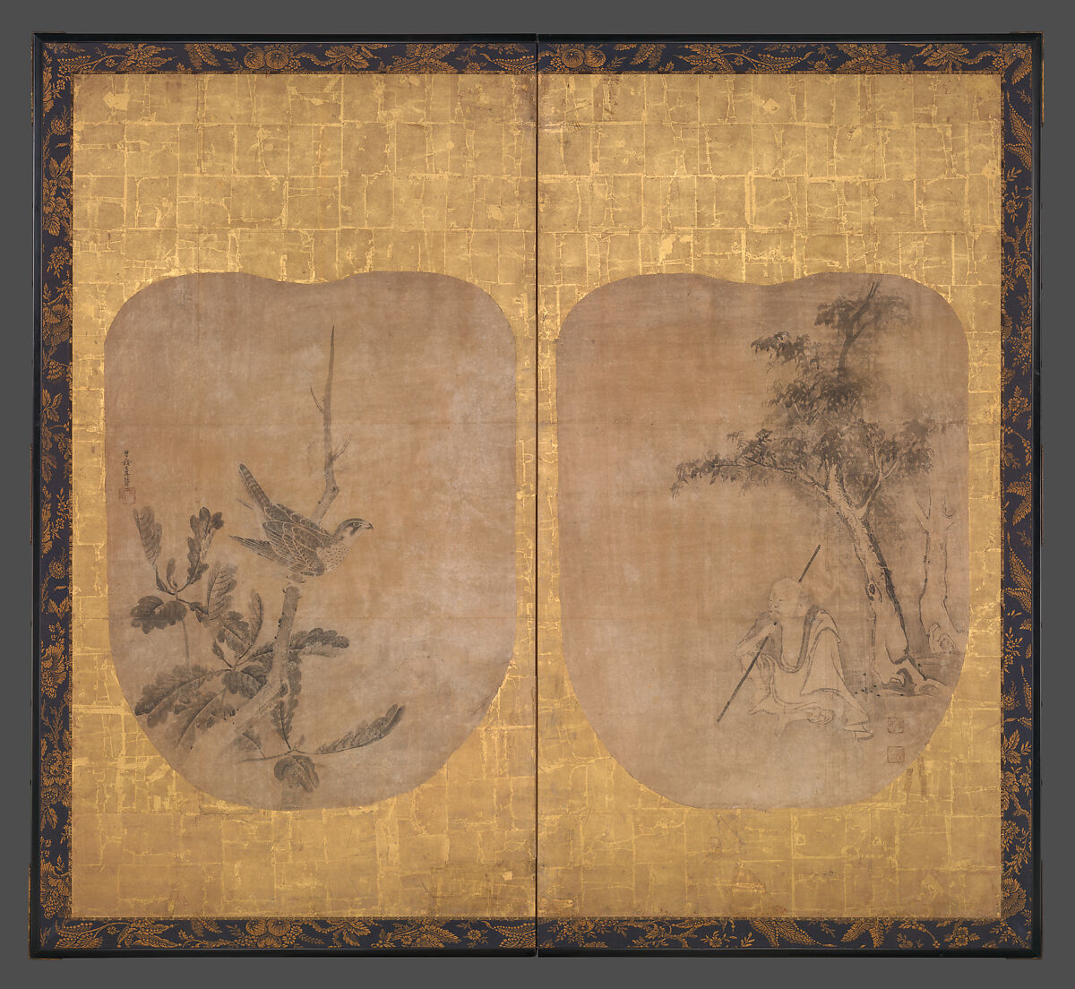 Daoist Sage and Hawk, Soga Nichokuan, Pair of fan-shaped paintings mounted on two-panel folding screen; ink on paper, Japan