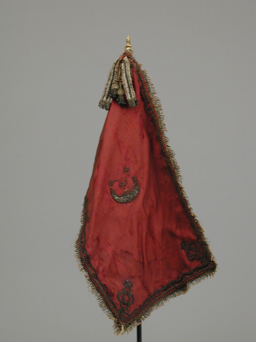 Banner with staff, Wood; brass; fabric