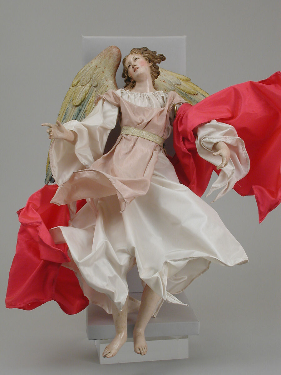 Angel, Polychromed terracotta head; wooden limbs and wings; straw and various fabrics