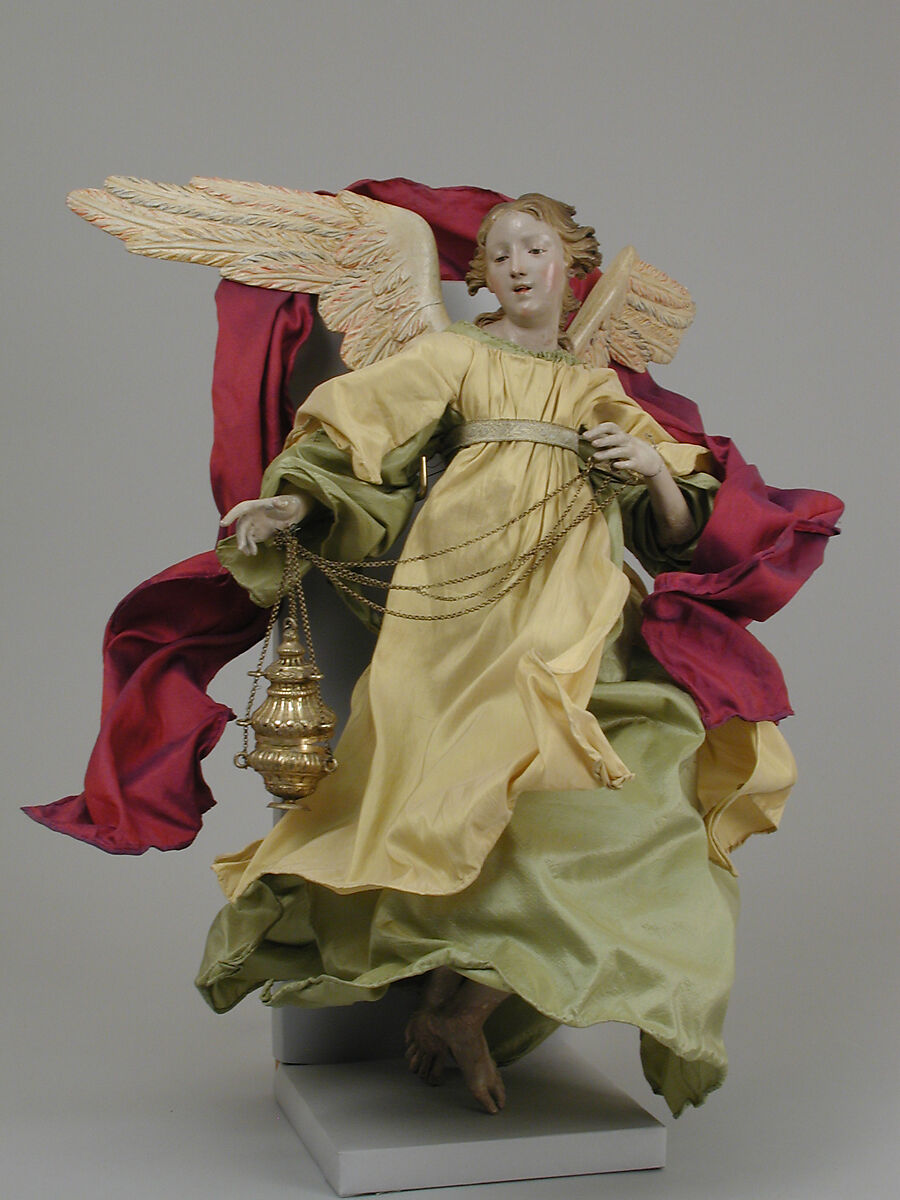 Angel, Polychromed terracotta head; wooden limbs and wings; straw and various fabrics; silver-gilt censer