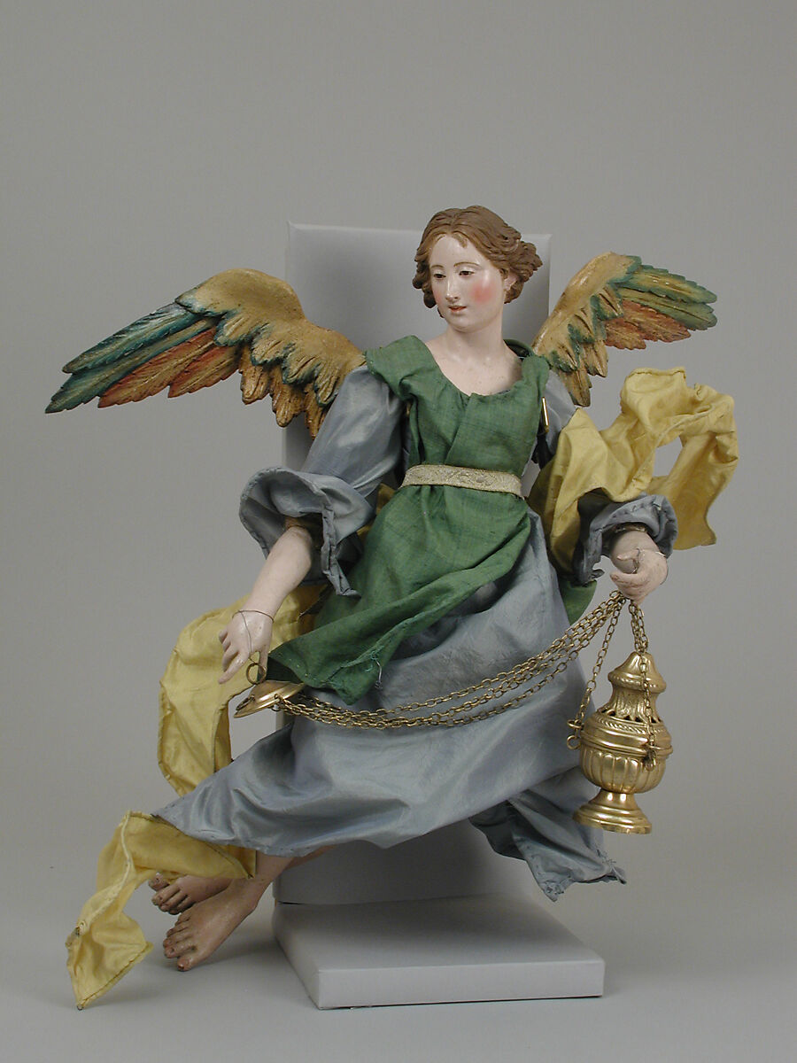 Angel, Polychromed terracotta head; wooden limbs and wings; straw and various fabrics; silver gilt censer
