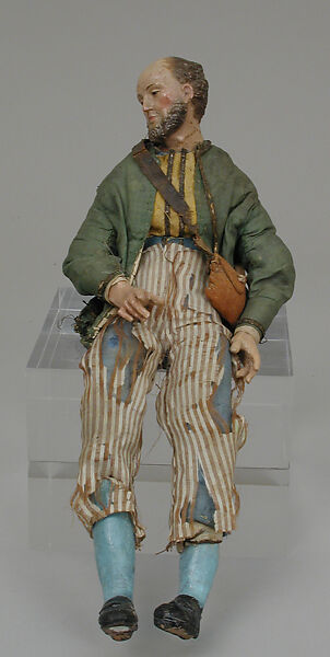 Man with striped pants, Polychromed terracotta head; wooden limbs; body of wire wrapped in tow; silk garments