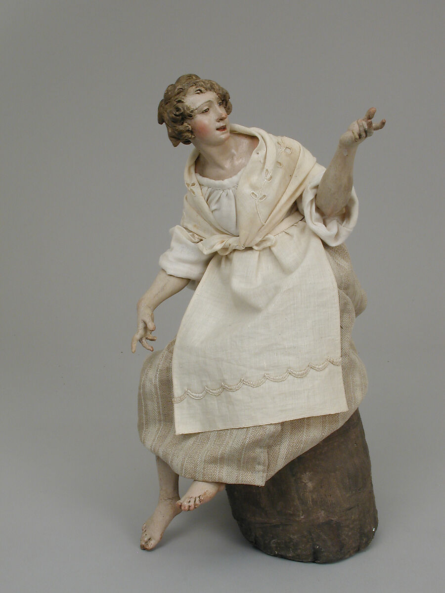 Angel, Polychromed terracotta head; wooden limbs; body of wire wrapped in tow; silk and velvet garments