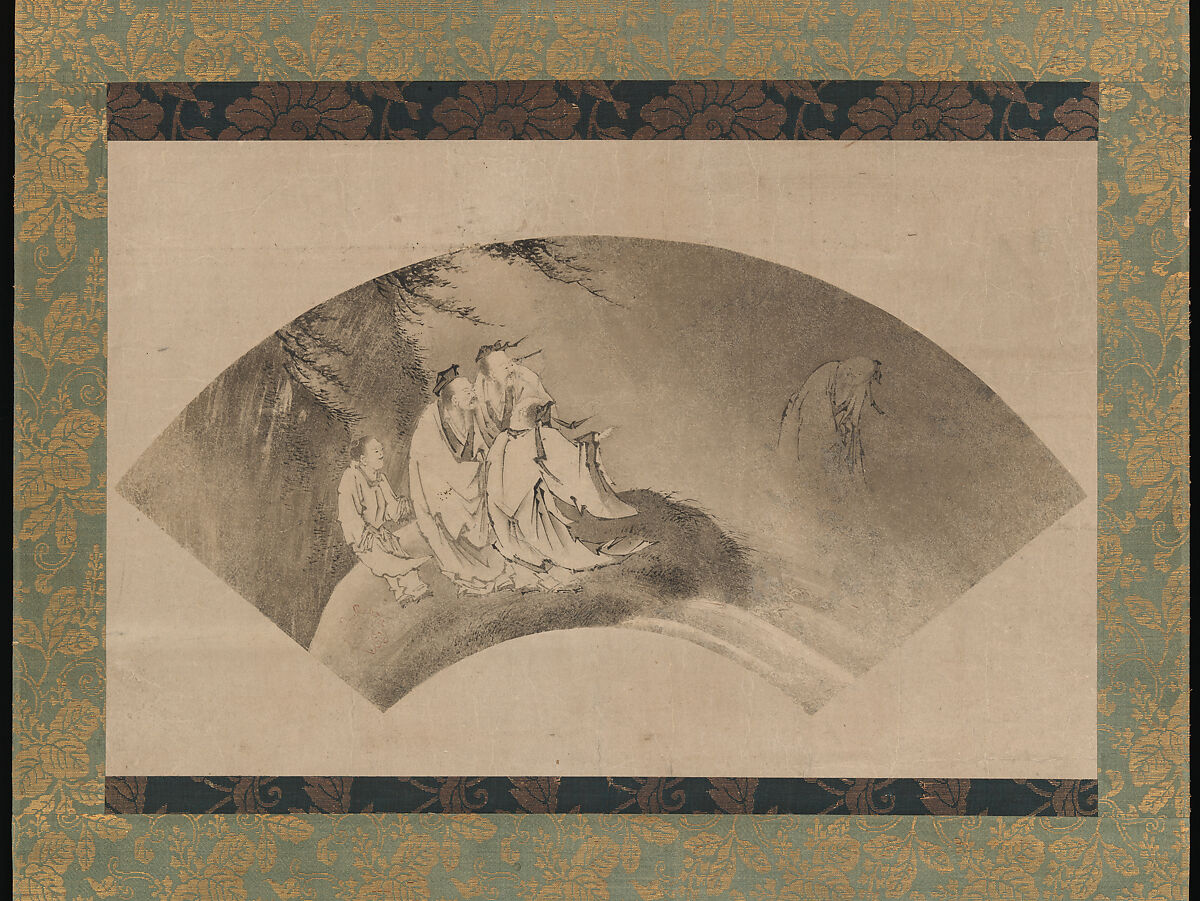 The Daoist Immortal Liezi Flying on a Cloud, Kano Yukinobu 狩野之信, Fan-shaped painting mounted as a hanging scroll; ink on paper, Japan