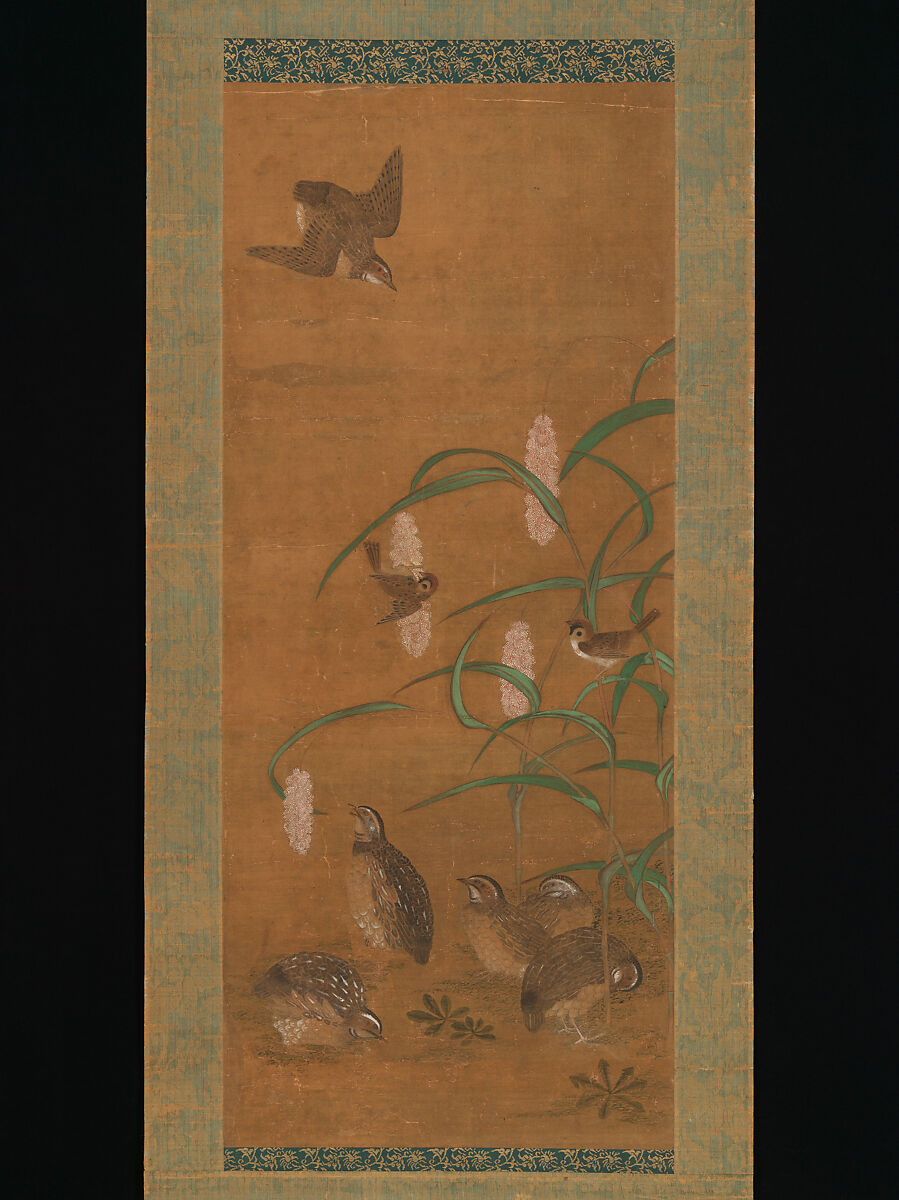 Quail, Sparrows, and Millet, Hanging scroll; ink and color on silk, Japan