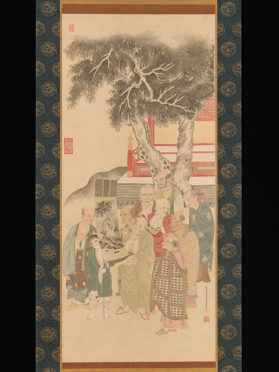 Ten Rakan Examining a Painting of White-Robed Kannon, Katō Nobukiyo, Hanging scroll; ink and color on paper, Japan