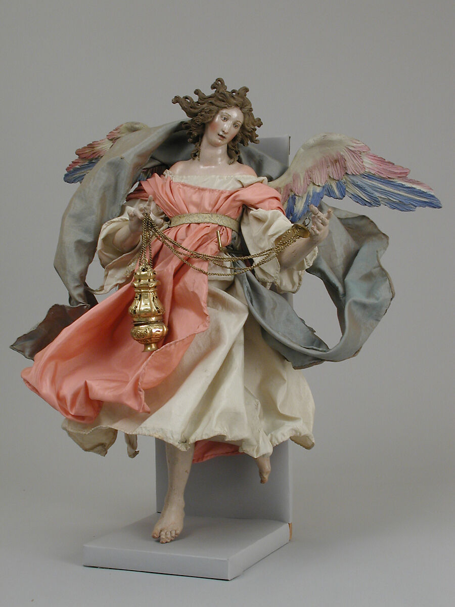Angel, Salvatore di Franco, Polychromed terracotta head; wooden limbs and wings; body of wire wrapped in tow; silk garments and silver-gilt censer
