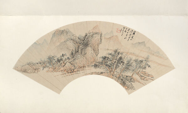 Landscape in the style of Wang Meng, Zhu Angzhi, Folding fan mounted as an album leaf; ink and color on paper, China