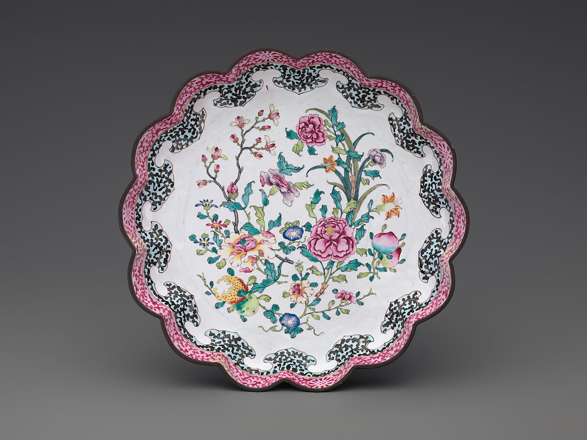 Dish with auspicious flowers and fruits, Painted enamel on copper alloy, China
